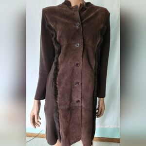 Cynthia Steffe Brown 100% Suede and Knit Long Coat with Rabbit Fur Trim